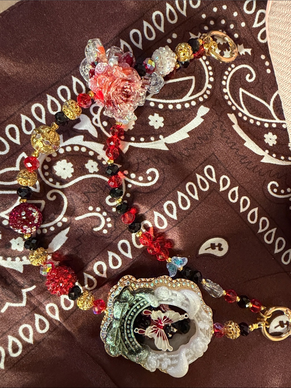 Red and Gold Floral Crystal Necklace bag or keychain
